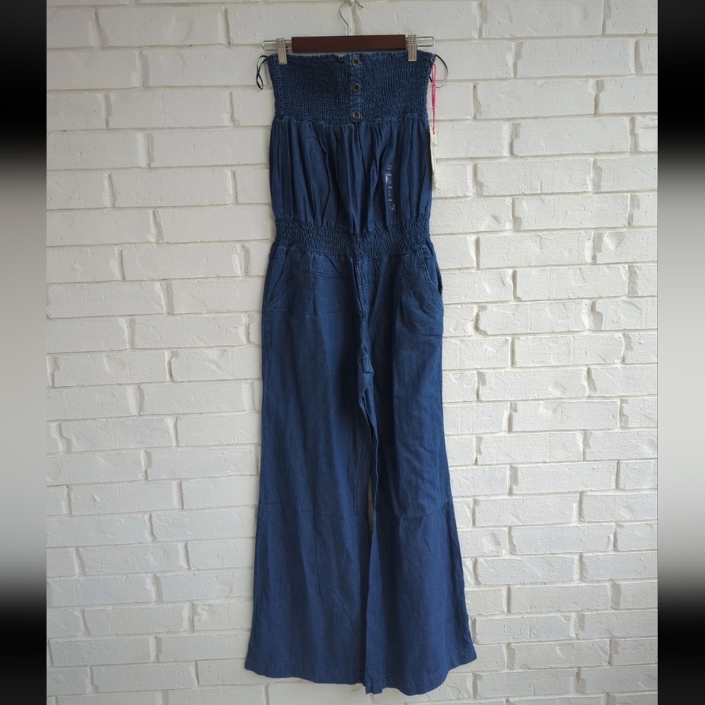 NWT Boom Boom Jeans Denim Jumpsuit Romper Strapless Smocked Wide Leg L, XL Y2K